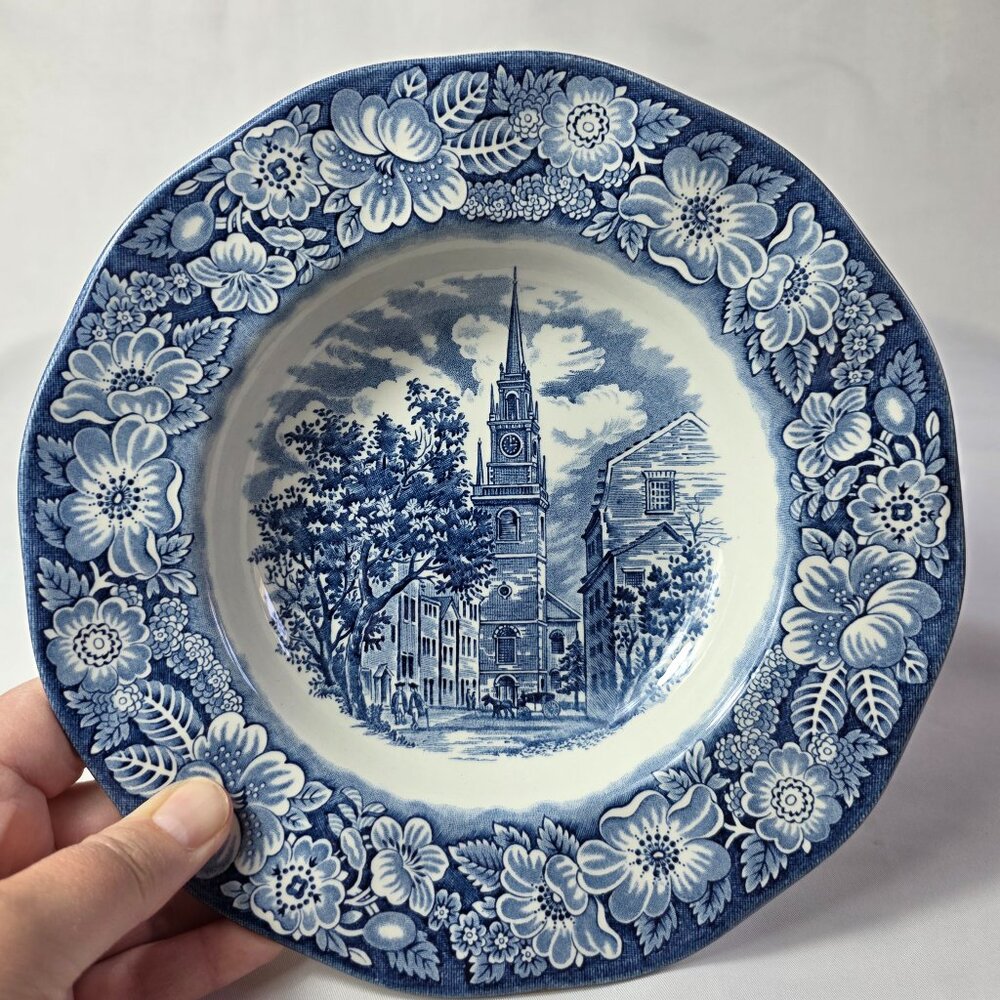 Staffordshire Liberty Blue Rim Soup Bowl Blue White Design Old North Church